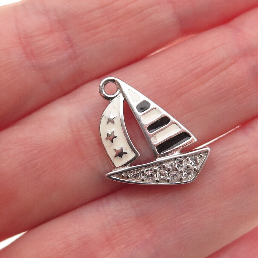 925 Sterling Silver Vintage Enamel & C Z Sailboat Mini Charm Pendant